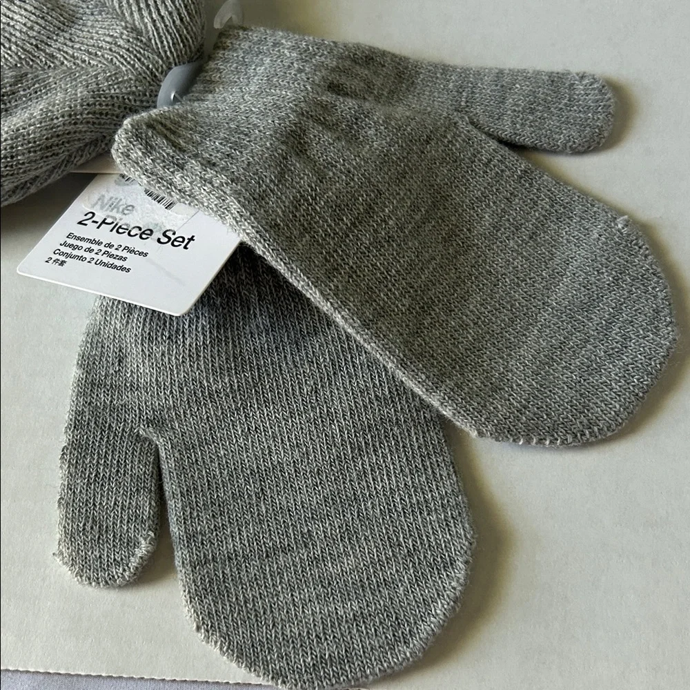 Nike Heather Gray Hot Pink Embroidered Fold Over Beanie and Mittens 2 Piece Set - Picture 11 of 14